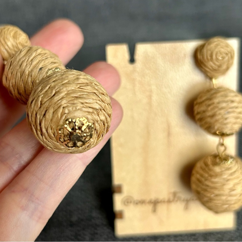 Rattan Covered, Dangling Drop Sphere Stud Earrings, Tan, Gold - Picture 9 of 17